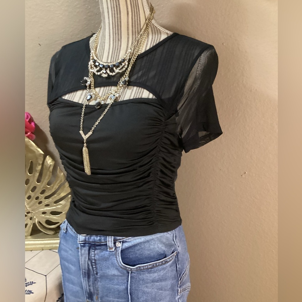 CIDER Elegant Black Ruched Mesh Top - Picture 4 of 9